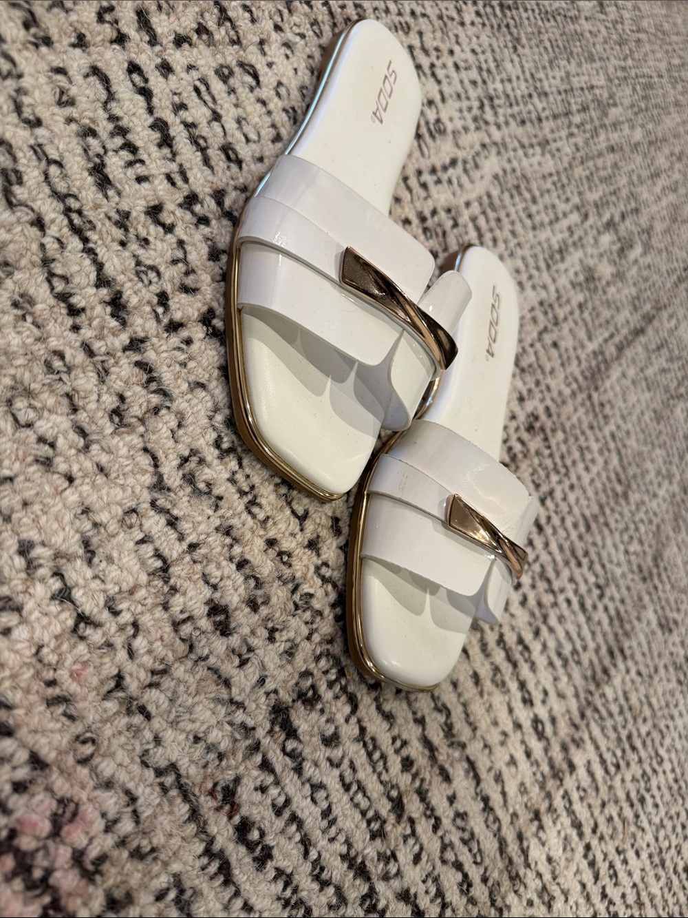 White Patent Slide Sandals with Gold-Tone Accent